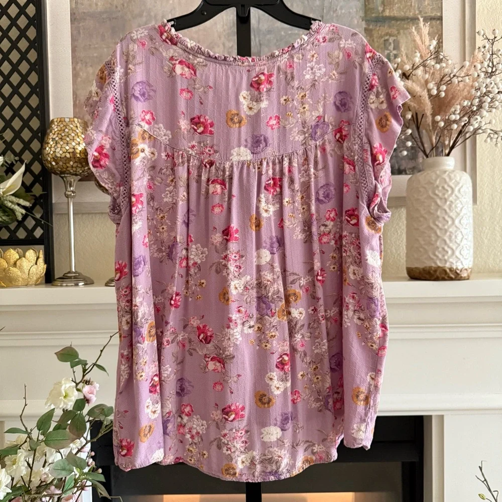 Feminine Fairy Crinkled Flowy Henley Oversized Soft Girl Pastel Purple Pink XL - Picture 3 of 13